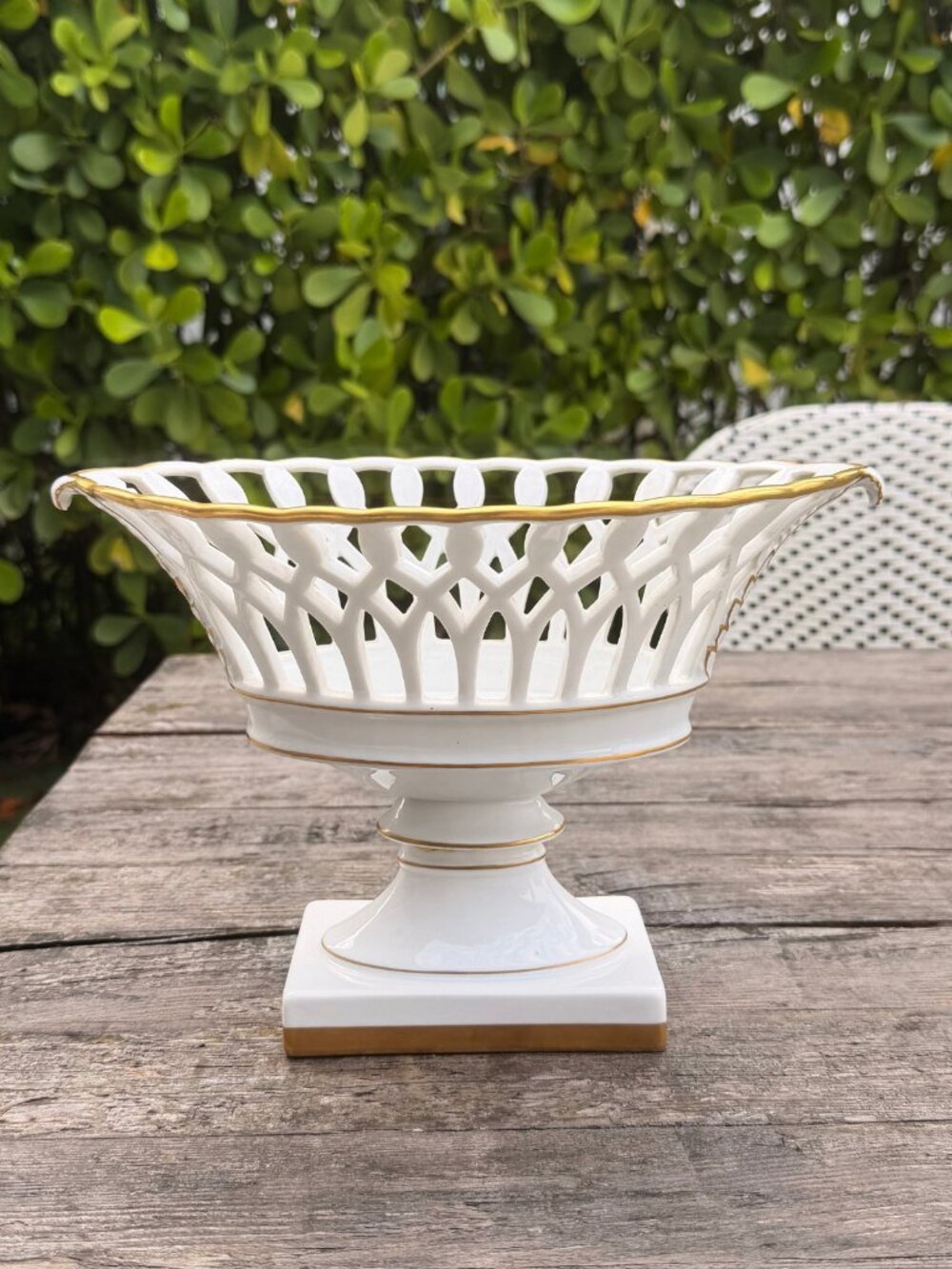 Vintage VA Vista Alegre Gilded Reticulated Porcelain Oval Compote Pedestal Bowl